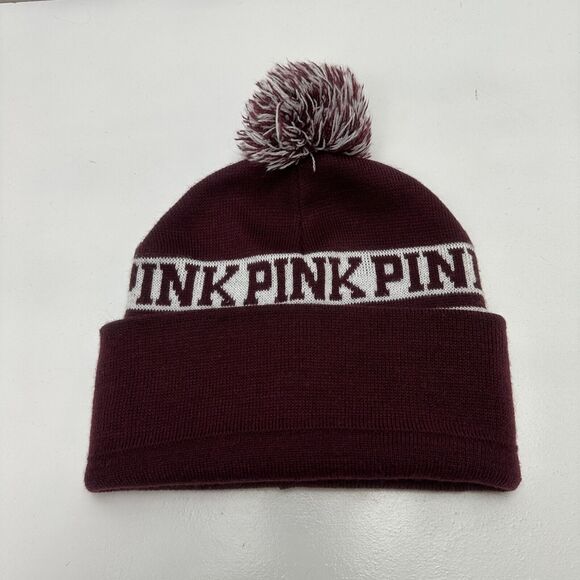 Victorias Secret PINK Beanie Hat Winter Cap Maroon White Knit - Picture 8 of 11